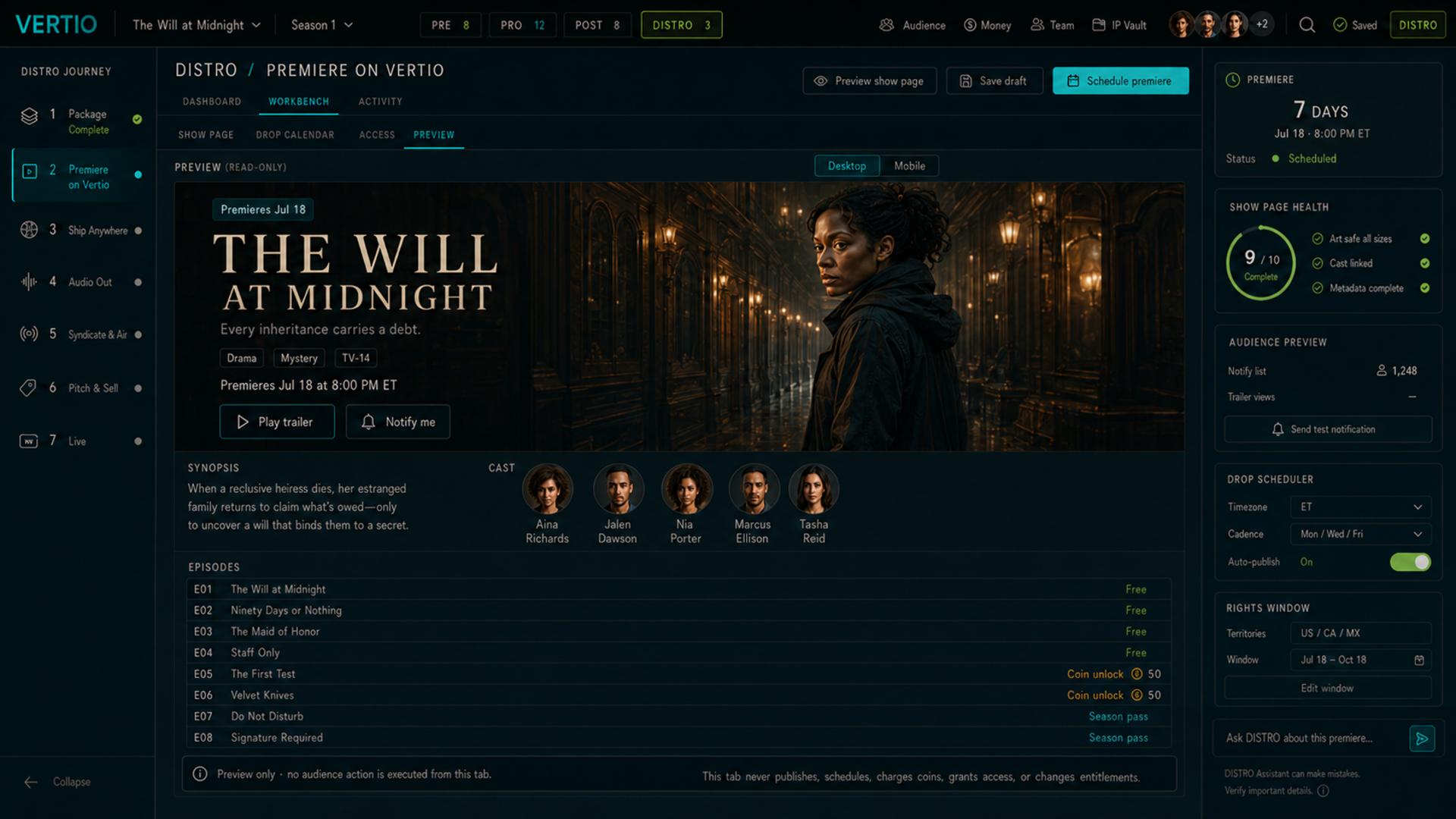 Vertio DISTRO premiere preview workspace